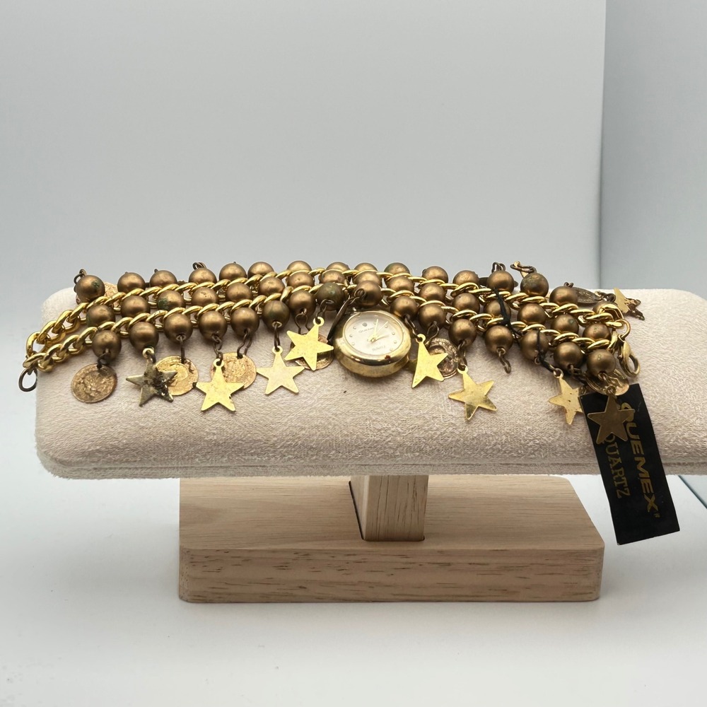 Vintage Enmex Quartz Charm Bracelet Watch – Gold Tone Stars & Coins Boho - Picture 4 of 13